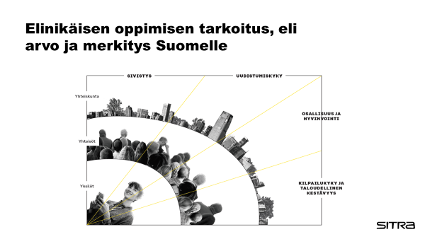 Kuvassa teksti Elinikäisen oppimisen tarkoitus eli arvo ja merkitys Suomelle