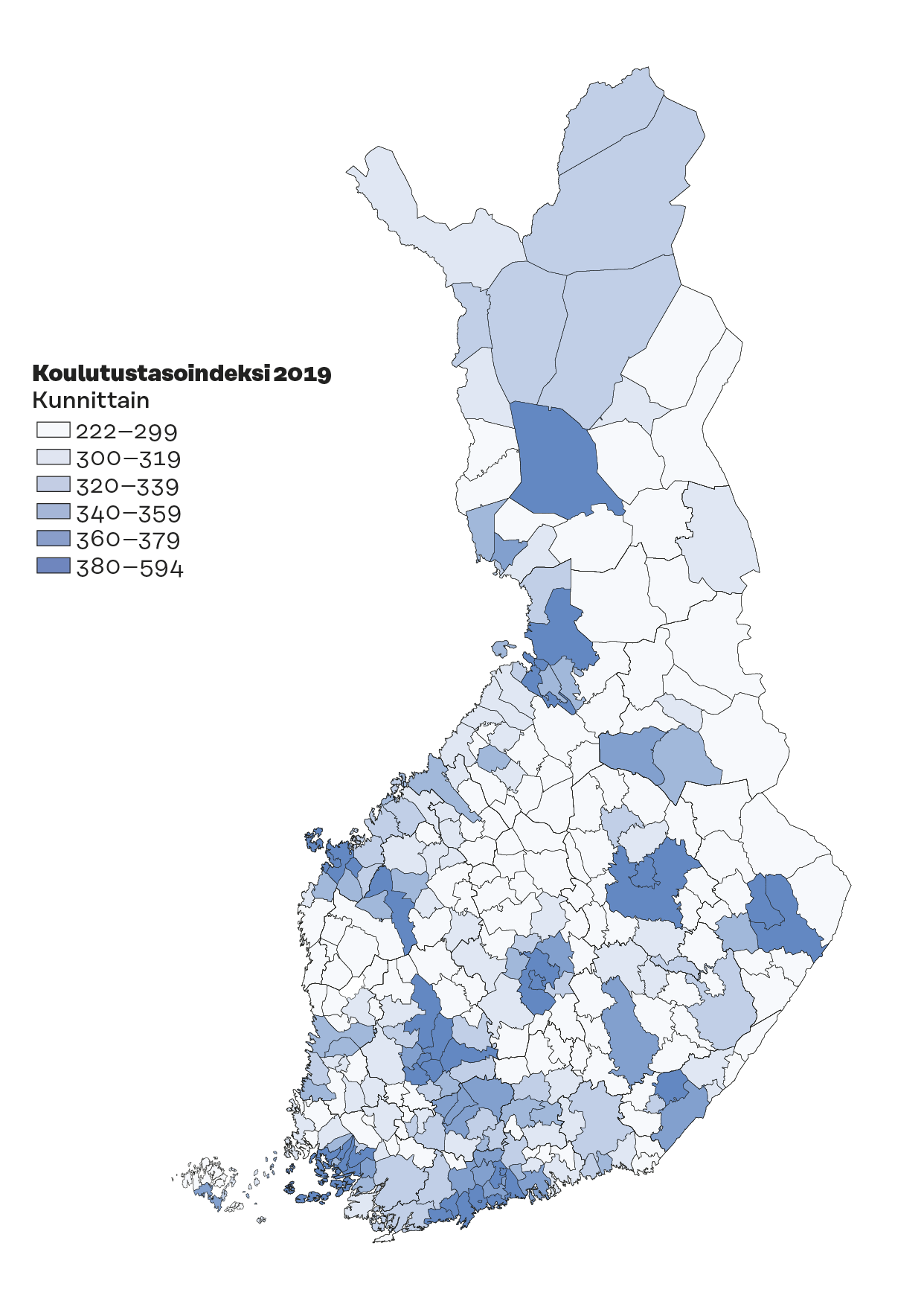 Suomen kartalle merkitty kunnittain koulutustasoindeksi 2019. Mitä tummempi väri sitä korkeammin koulutettuja kunnassa asuu.