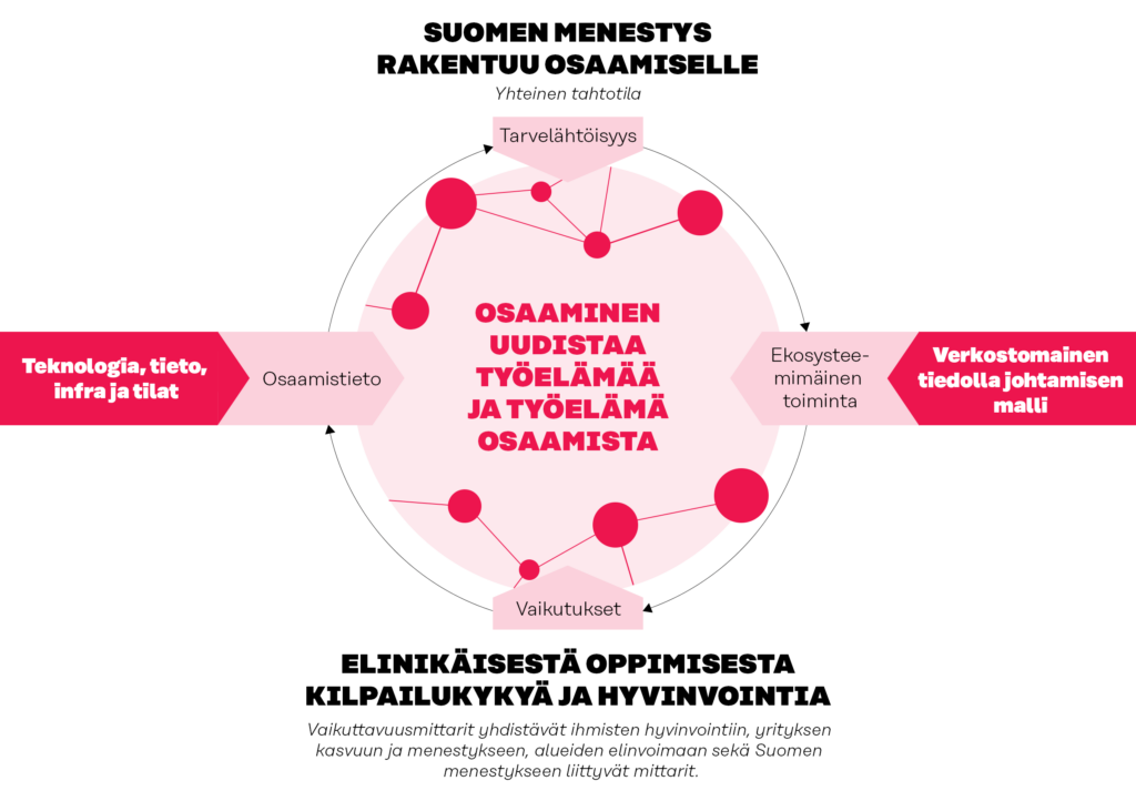 Uusi osaamisjärjestelmä jäsentyy tämän kuvan kautta. Kuvan keskellä on pallo, jonka otsikko on “Osaaminen uudistaa työelämää ja työelämä osaamista”. Pallon sisällä on eri kokoisia pienempiä palloja, jotka linkittyvät toisiinsa. Tämä kuvaa erilaisia yhteistyömalleja alueilla ja organisaatioiden kesken. Uuden osaamisjärjestelmän kuvaus syventyykin erityisesti työelämässä ja muualla kuin koulutusjärjestelmässä tapahtuvan osaamisen kehittämisen kuvaukseen. Pallon yläpuolella lukee ”Suomen menestys rakentuu osaamiselle” ja sen alla kuvaus ”yhteinen tahtotila”. Pallon alapuolella lukee ”Elinikäisestä oppimisesta kilpailukykyä ja hyvinvointia” ja sen alla kuvaus: ”Vaikuttavuusmittarit yhdistävät ihmisten hyvinvointiin (mukaan lukien osaaminen, työllisyys, toimeentulo), yrityksen kasvuun ja menestykseen, alueiden elinvoimaan sekä Suomen menestykseen liittyvät mittarit". Pallon vasemmalla puolella lukee teknologia, tieto, infra ja tilat, ja oikealla puolella verkostomainen tiedolla johtamisen malli. Nämä otsikot kuvaavat kansallisen tason raameja. Keskimmäisen pallon reunoille muodostuu neljästä eri elementistä ja niiden välisistä nuolista jatkuvan uudistumisen kehä. Nämä neljä elementtiä ovat: osaamistieto, tarvelähtöisyys, ekosysteemimäinen toiminta ja vaikutukset.