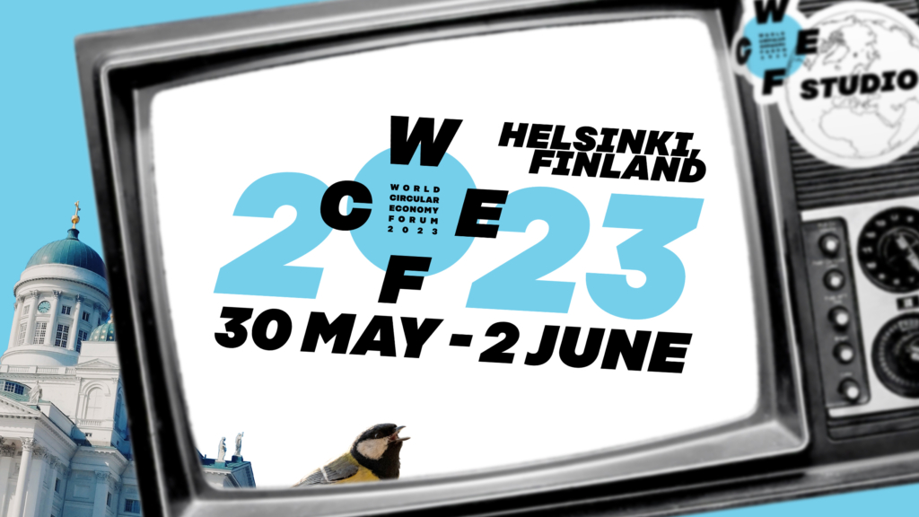 Tv screen showing the WCEF2023 logo