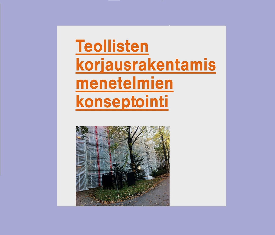 Valkoinen laatikko, jossa on oranssi suomenkielinen teksti ja kuva rakennustelineillä ja muovikalvolla peitetystä rakennuksesta, jota ympäröivät syksyn lehtiä kasvavat puut; taustan väri on vaalean violetti.