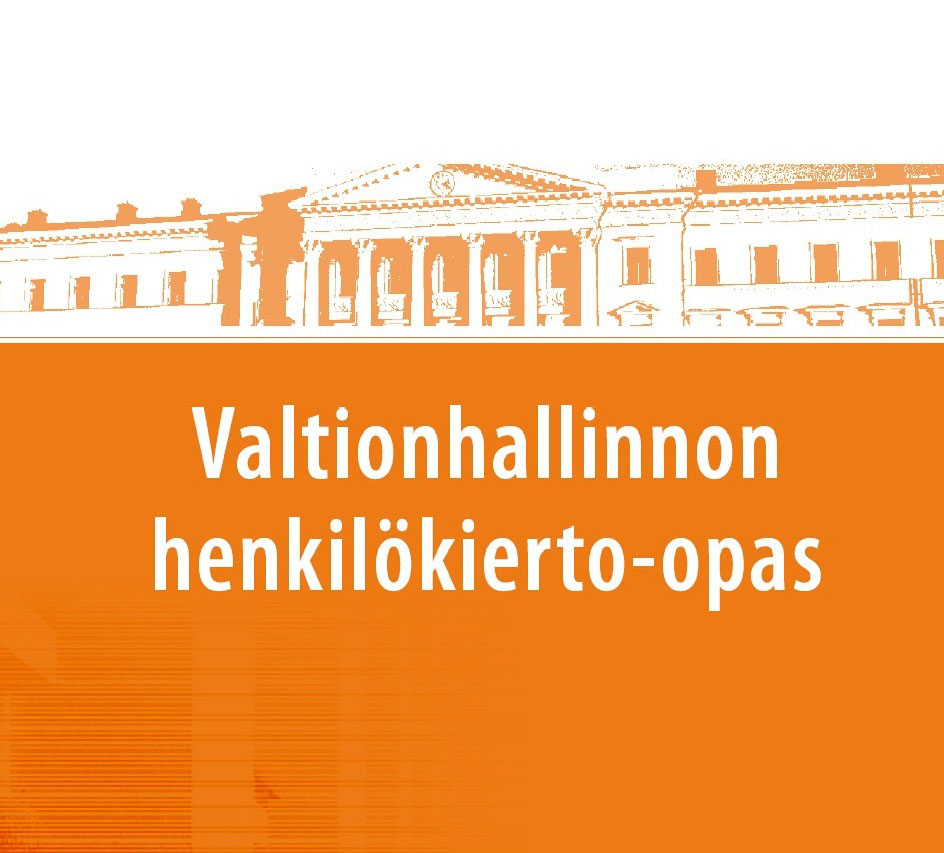 Oranssi-valkoinen kuvitettu kansi, jonka yläosassa on klassinen rakennus ja keskellä suomenkielinen teksti Valtionhallinnon henkilökierro-opas lihavilla valkoisilla kirjaimilla.