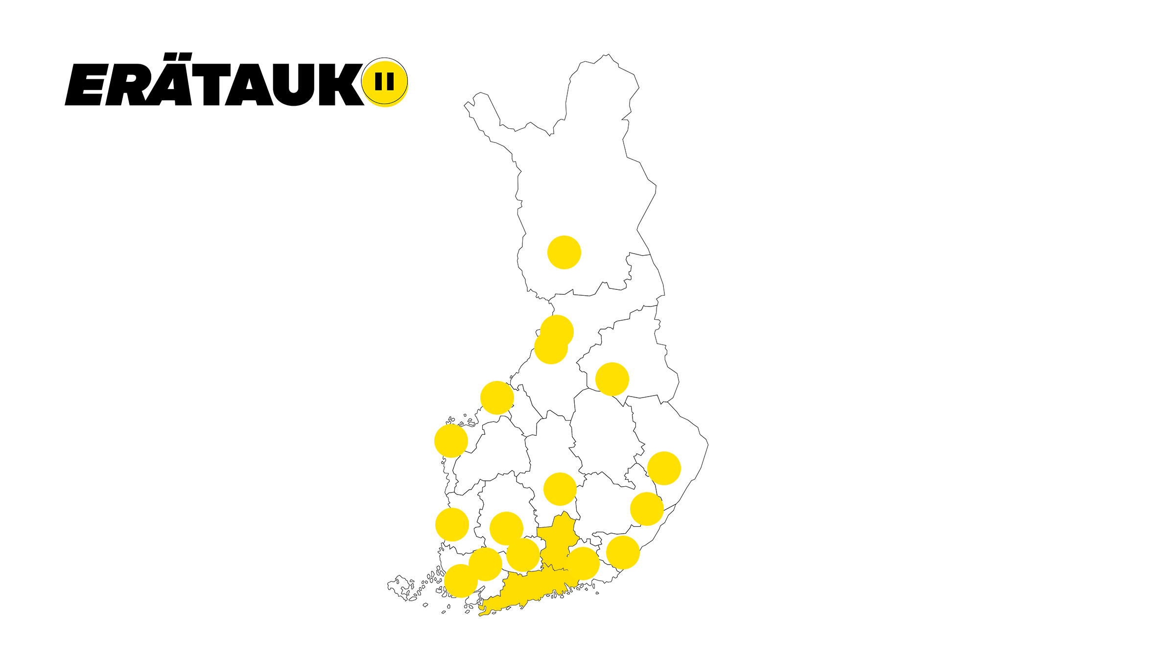 Suomen kartta, jossa keltaisilla pisteillä on merkitty eri paikkakuntia lähinnä maan eteläosassa. Vasemmassa yläkulmassa on teksti ERÄTAUKO lihavoitu mustakeltaisin kirjaimin.