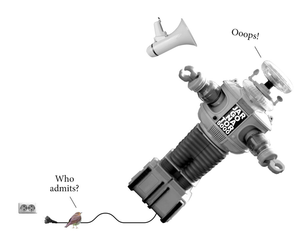 Jargonator Robot falls down because a little bird has plugged it of the grid.