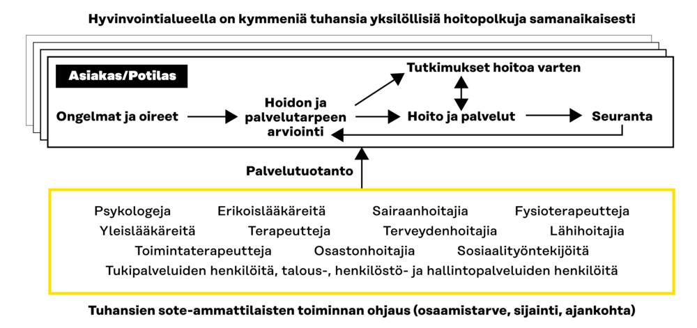 Hoitopolku alkaa potilaan ongelmista ja oireista ja päättyy seurantaan, jonka perusteella potilas saattaa palata uuteen palvelutarpeen arviointiin. Hoitopolku sisältää palvelutarpeen arvioinnin, tutkimukset, hoidon sekä palvelut. Hyvinvointialueella kymmeniä tuhansia yksilöllisiä hoitopolkuja. Hoitoprosessiin osallistuu monia ammattilaisia: lääkäreitä, hoitajia, terapeutteja, sosiaalityöntekijöitä ja tukipalveluiden, kuten taloushallinnon henkilöstöä. Hyvinvointialueen tulee ohjata tuhansia ammattilaisia kymmeniin tuhansiin samanaikaisiin hoitopolkuihin. Ohjaus perustuu hoitopolkujen osaamistarpeeseen, sijaintiin ja ajankohtaan.