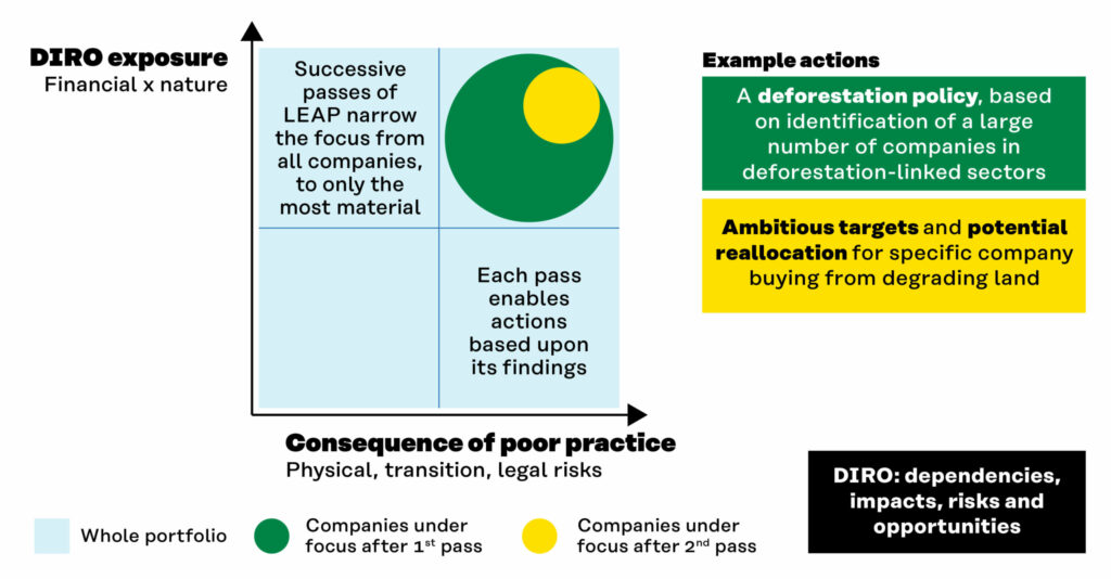 A graph with ‘DIRO exposure: Financial x nature’ on the vertical axis and ‘Consequence of poor practice: Physical, transition, legal risks’ on the horizontal axis.
In the upper left quadrant, text reads “Successive passes of LEAP narrow the focus from all companies, to only the most material”
The graph has a grey background, representing the whole portfolio. In the upper right quadrant, there is a large green circle, representing companies under focus after the first pass. In the top right corner of the green circle is a smaller yellow circle, representing the companies under focus after the second pass.
In the bottom right quadrant, text reads “Each pass enables actions based upon its findings”
To the right of the graph is a green box, connected to the green circle which reads “A deforestation policy, based on identification of a large number of companies in deforestation-linked sectors” and a yellow box, connected to the yellow circle, which reads “Ambitious targets and potential reallocation for specific company buying from degrading land”
Below the graph is a legend. To the right of the legend is a black box reading “DIRO: dependencies, impacts, risks and opportunities”.