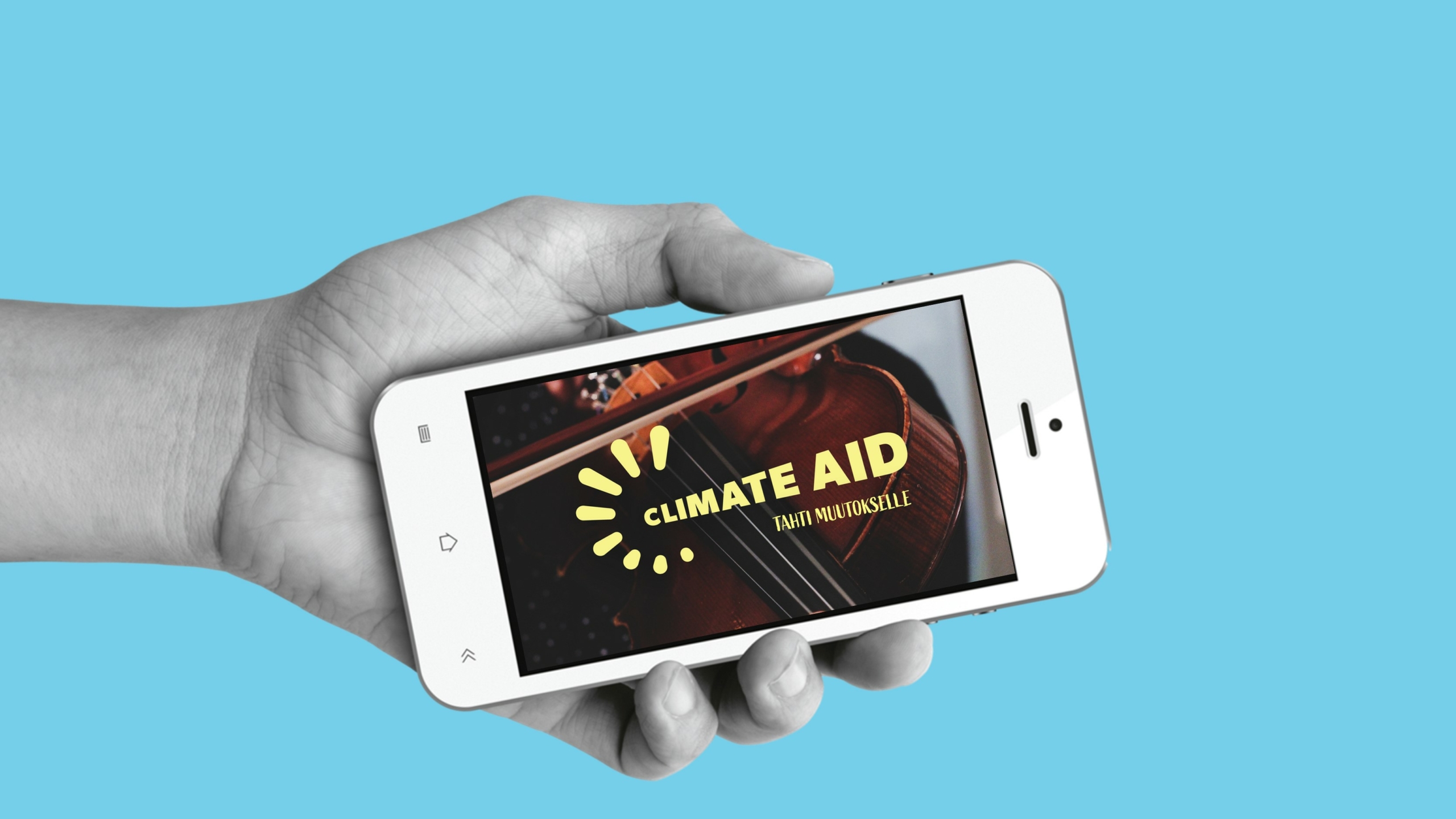 Photo of a hand browsing the Climate Aid website.