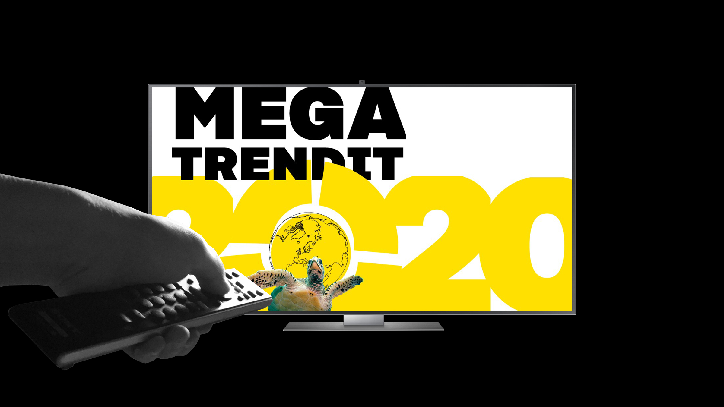 Kuvassa käsi, kaukosäädin sekä televisioruutu, jossa teksti Megatrendit 2020