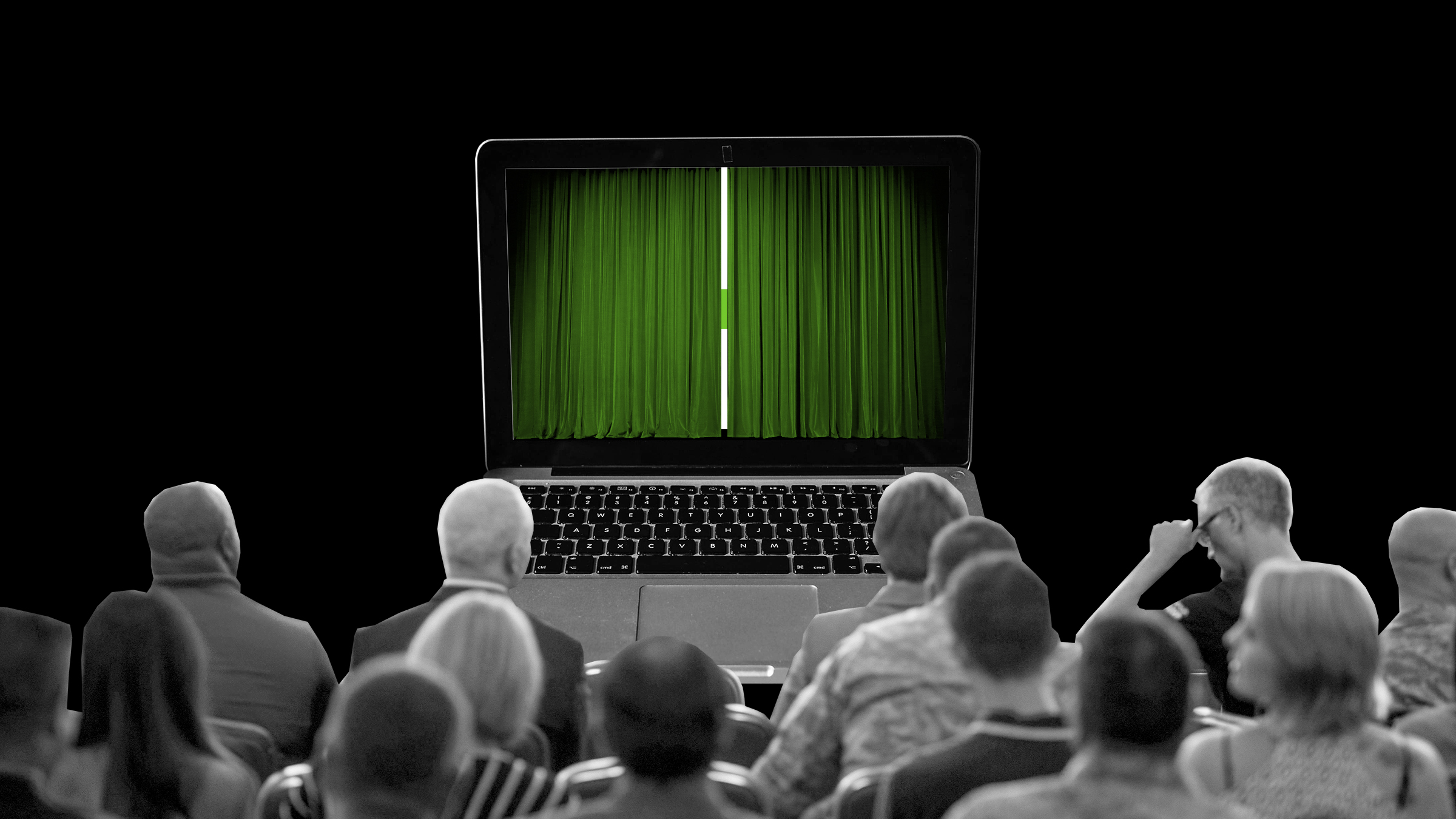 Surrealistic picture of an audience watching a curtain which is on a laptop screen