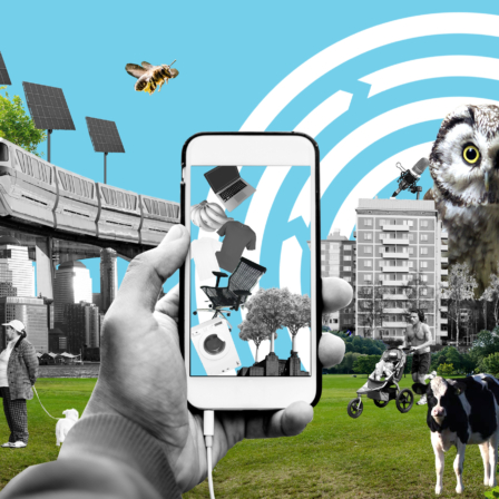 A mobile phone held in fronf of a large owl and a city landscape