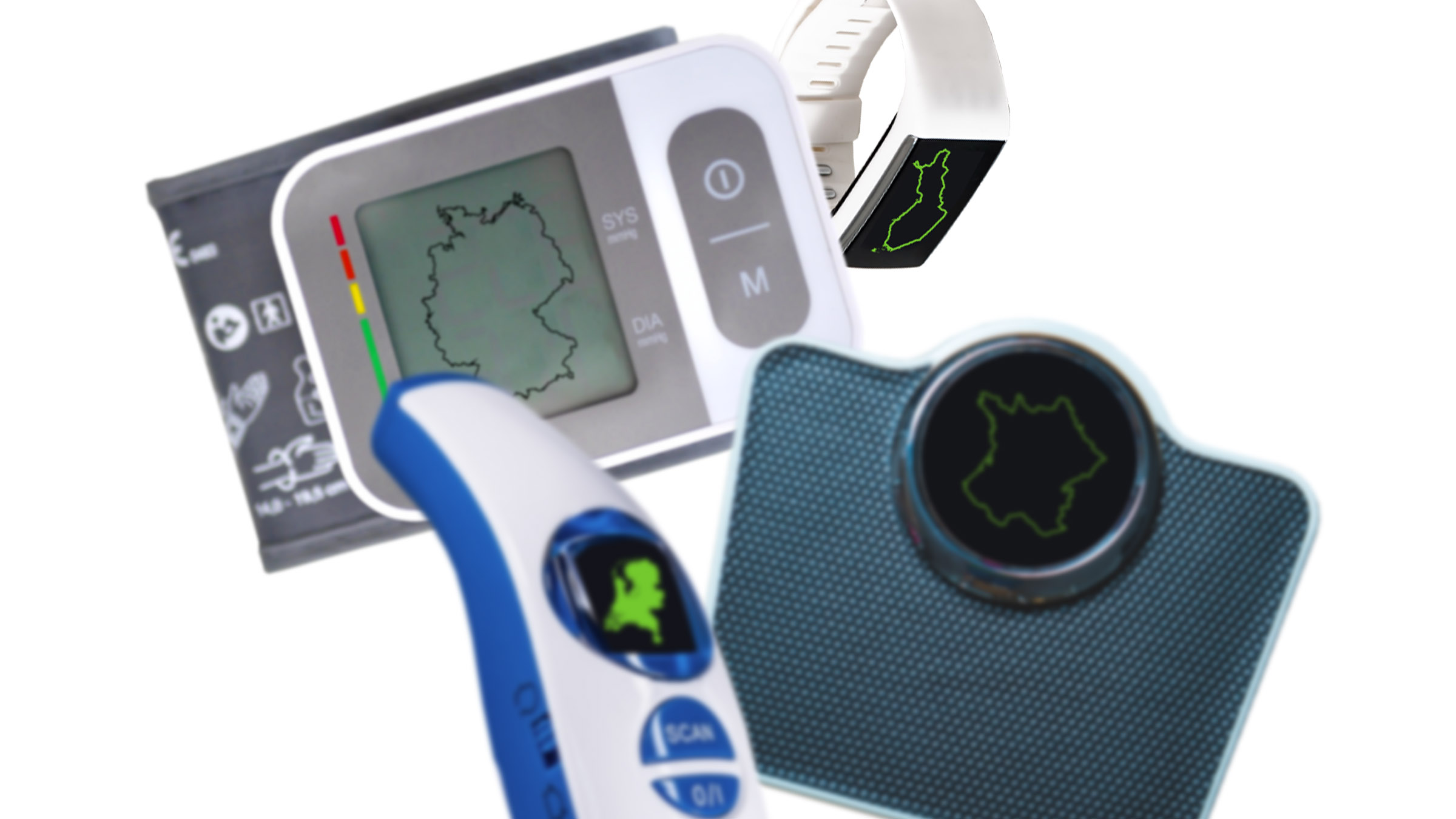 Illustrative image showing different devices that measure health and well-being