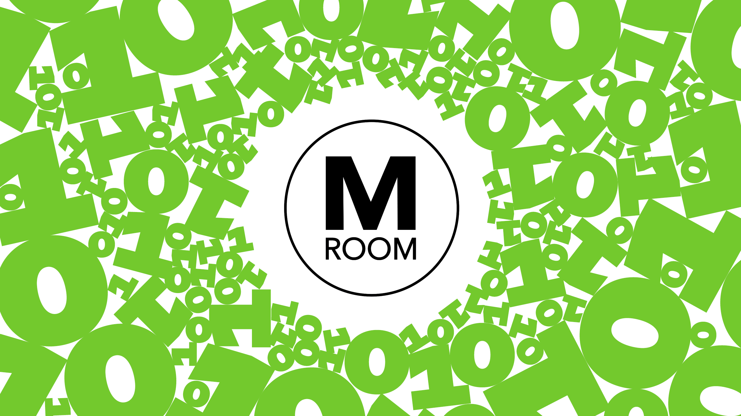 Zeros and ones in the background, M Room logo in the center.