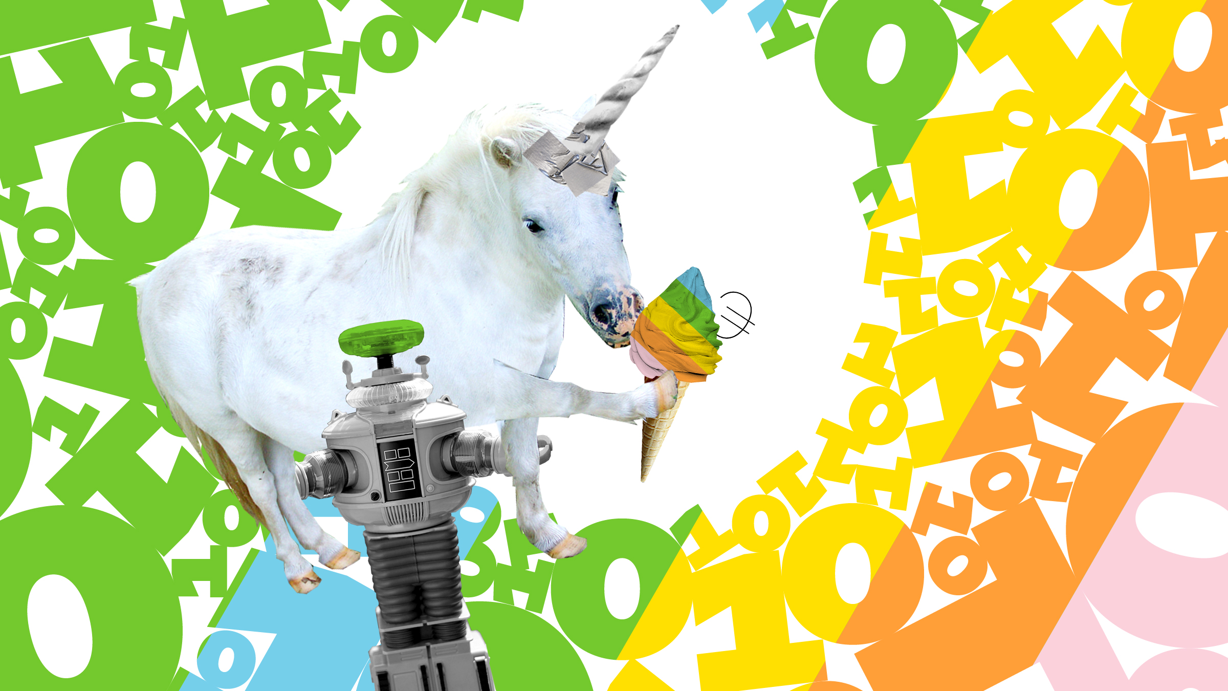 Zeros and ones in the background, and on the front there is a unicorn, ice cream and a robot symbolising the various content of the business programme such as capabilities, services and followup.