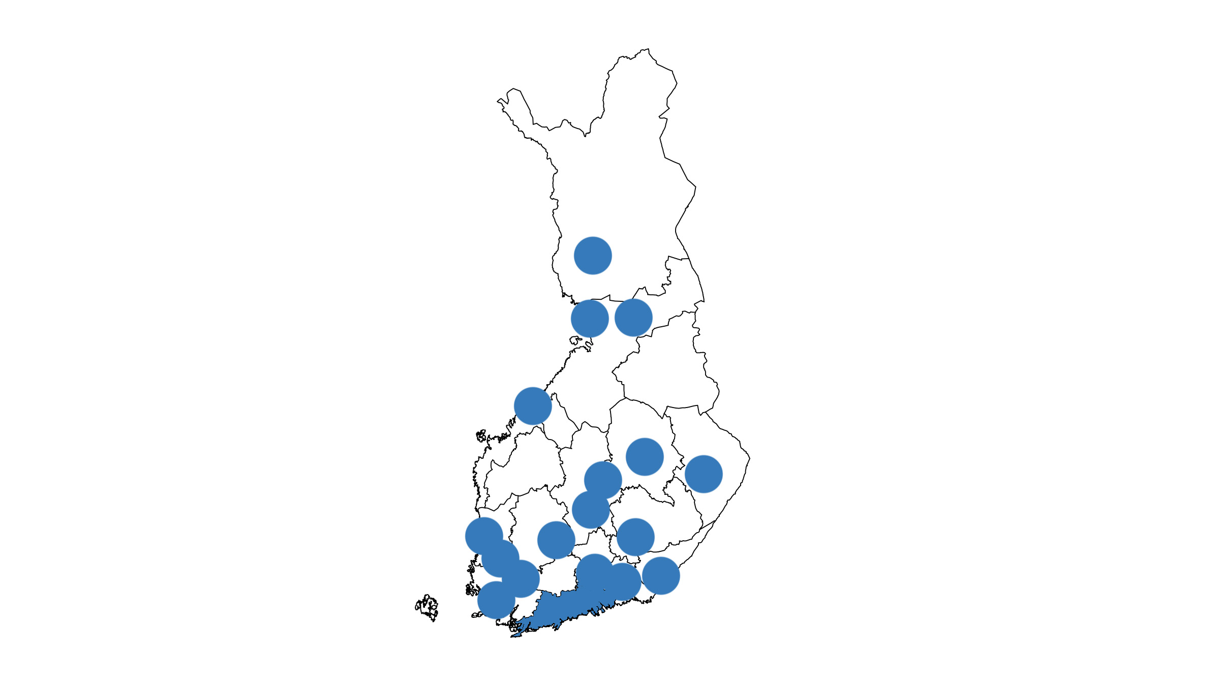 Kuvassa Suomen kartta, johon on merkattu sinisellä värillä paikkakuntia, joihin Tulevaisuustaajuus-menetelmä on levinnyt