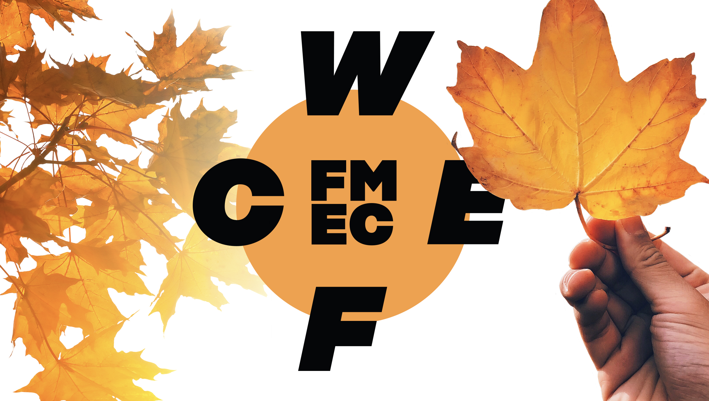 Hand holding a maple leaf with the WCEF2021 logo in the background