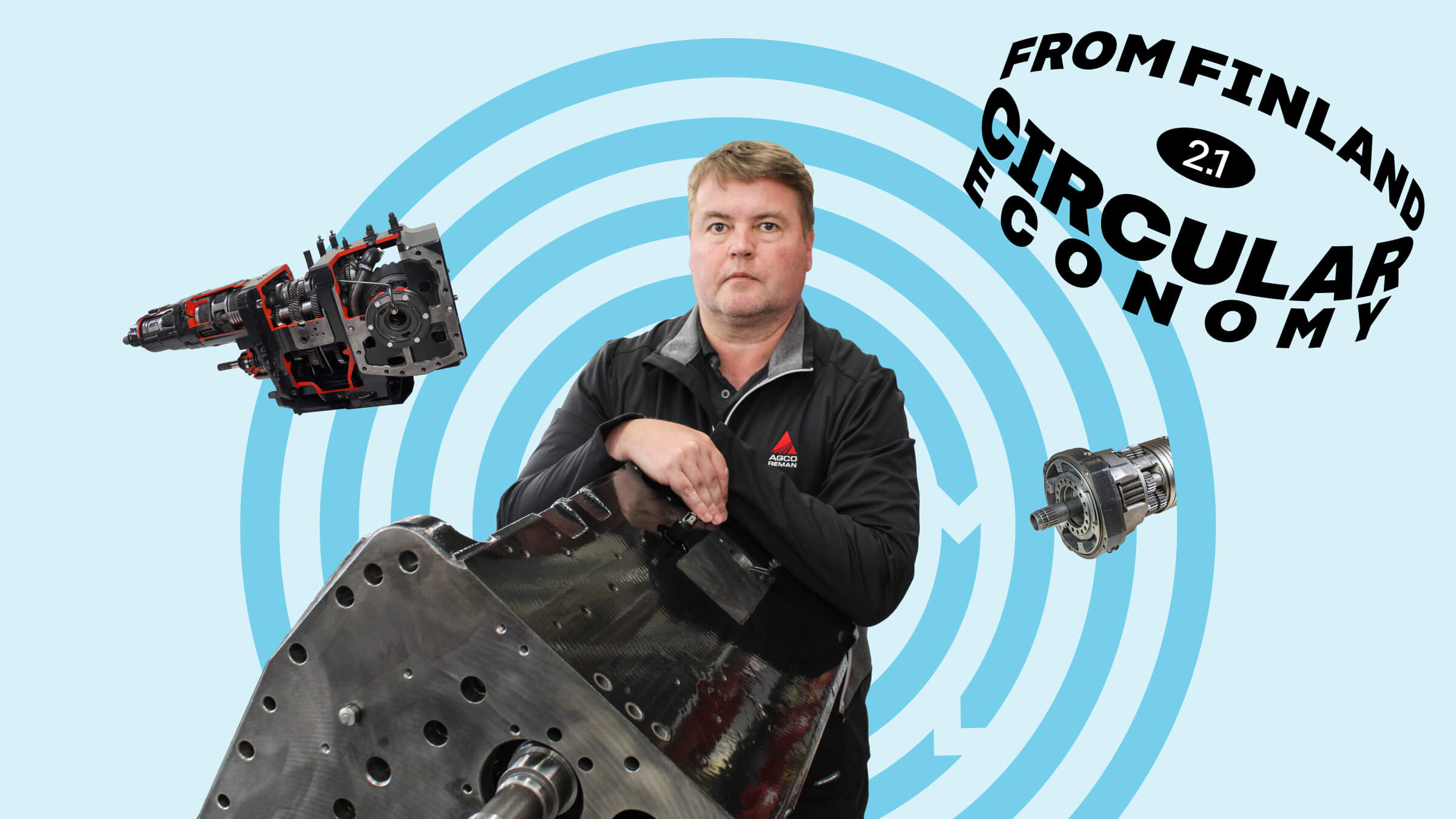 Valtra's Aftersales Marketing Manager Jari Luoma-Aho on a blue background with machinery parts.