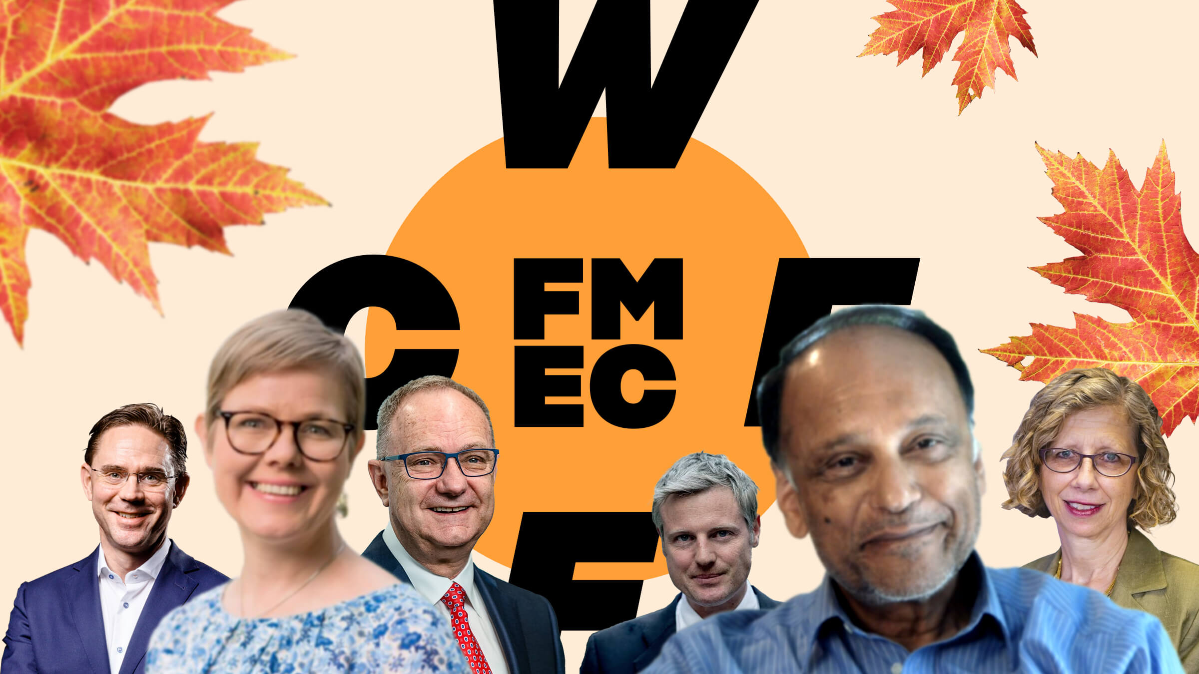 Jyrki Katainen, Krista Mikkonen, Mark Cutifani, Rt Hon Lord Zac Goldsmith, Professor Sir Partha Dasgupta and Inger Andersen, in the background maple leaves and the WCEF2021 logo