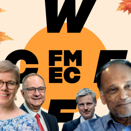 Jyrki Katainen, Krista Mikkonen, Mark Cutifani, Lord Zac Goldsmith, Sir Partha Dasgupta and Inger Andersen, with maple leaves and the WCEF2021 logo.