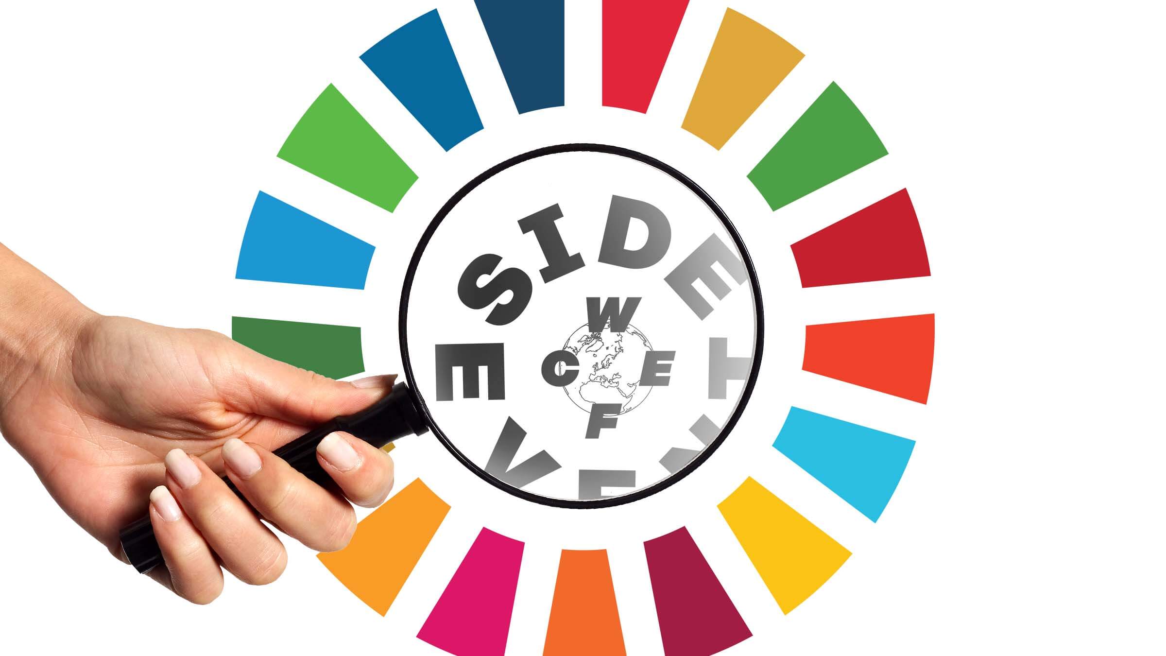 Hand holding a magnifying glass surrounded by Sustainable Development Goals, looking at WCEF Side Event stamp