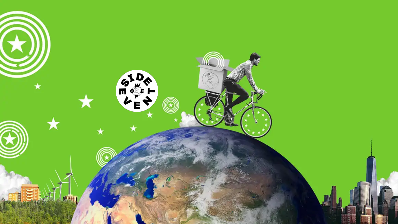 Person riding a bike on the globe, with stars in the sky and the WCEF Side Event logo