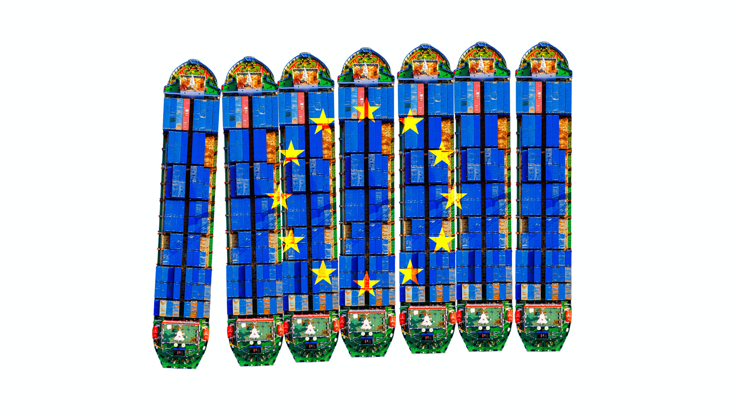 Cargo ships with EU emblem painted on them.