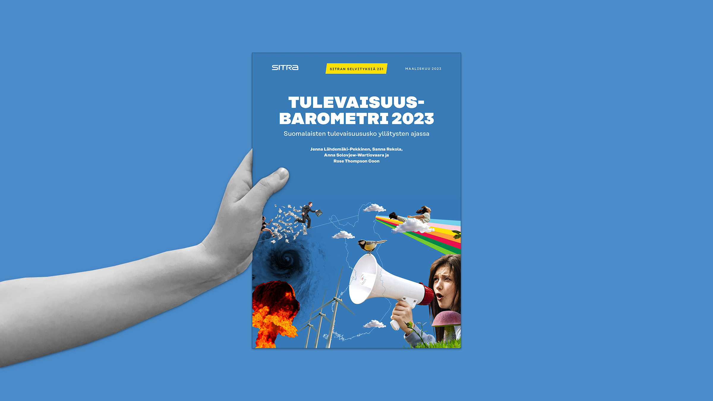 Käsi, joka pitelee Tulevaisuusbarometri 2023 -julkaisua