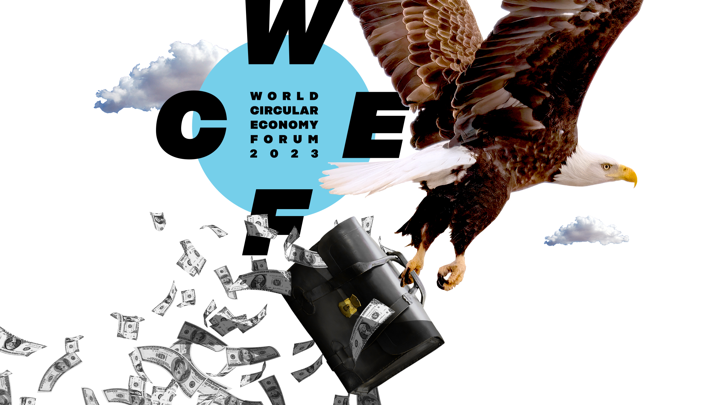 WCEF2023 logo, an eagle holding a briefcase with money flying