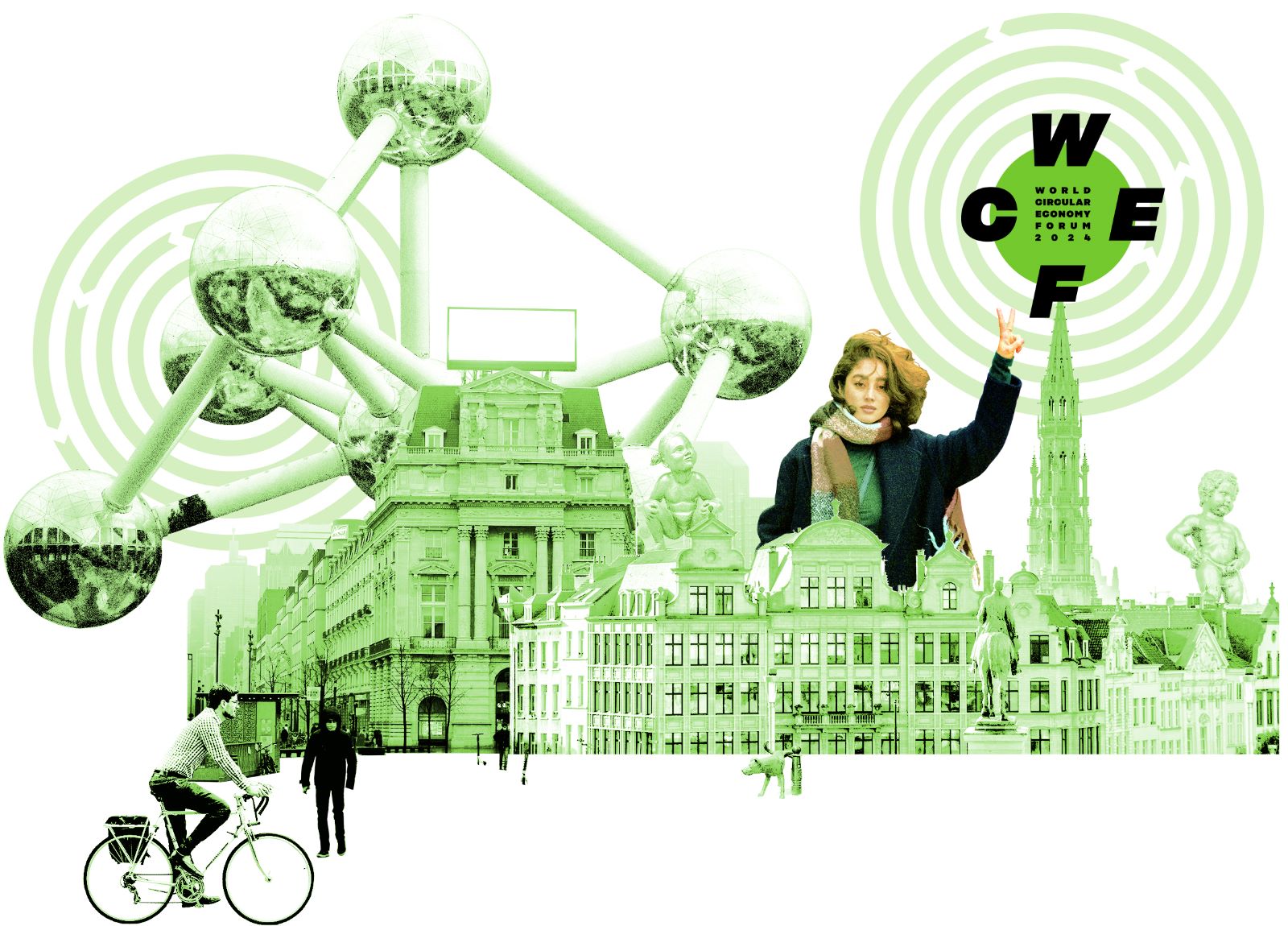 Famous monuments from Brussels in green colour along with the WCEF2024 logo