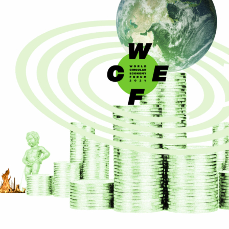 A collage-like illustration of oil pumps and the money around them burning. The fire is put out by Manneke's Pisin Urtsa. There is a lot more money in front of the WCEF logo and the globe than there is around the oil pumps.