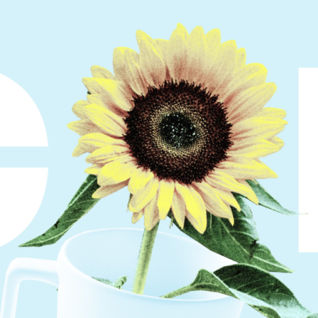 A coffee mug, text COP and a sunflower